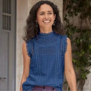 Sundance Lyra Navy Eyelet Sleeveless Lined Blouse Size S